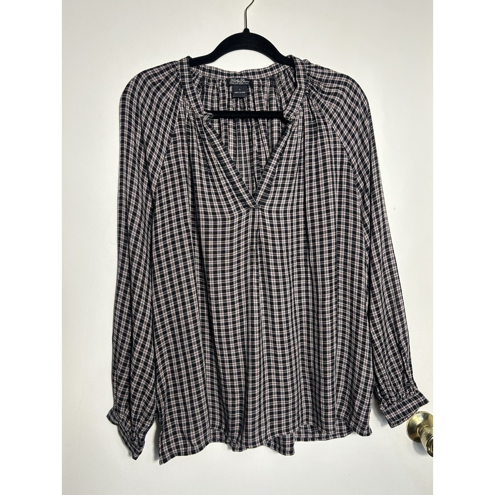 Lucky Brand Women's‎ Plaid V-Neck Blouse Large 100% Viscose Black /beige Boho